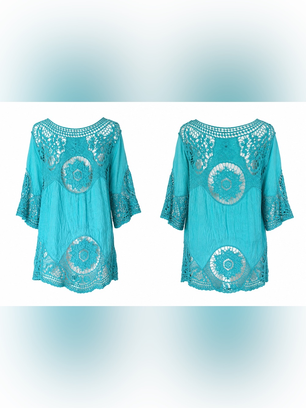 Boho Coastal Crochet Lace Tunic Top - umgee- Teal M